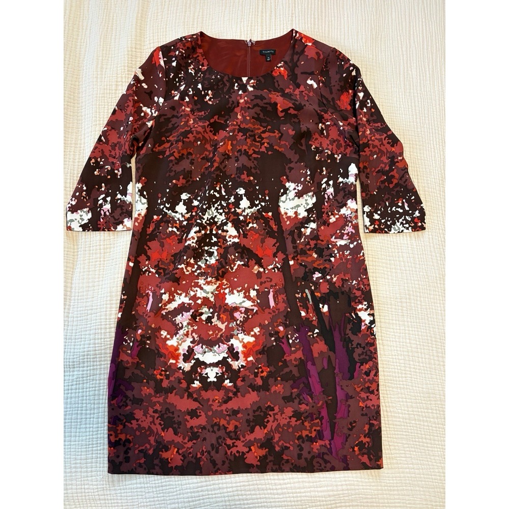 TALBOTS Shift Dress Size 14 Red Abstract Print Career 3/4 Sleeve Artsy Romantic